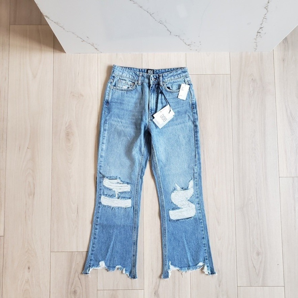 BDG Jeans Women 25 Blue Ripped Straight Leg High Waist Raw Hem Boho Denim